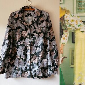 70’s women’s vintage long sleeve floral‎ black polyester button up shirt size XL